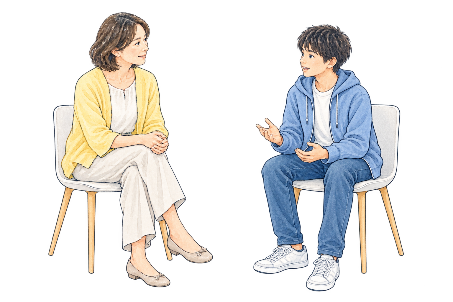 同じ目線で向き合い、会話する保護者と思春期の子どものイラスト